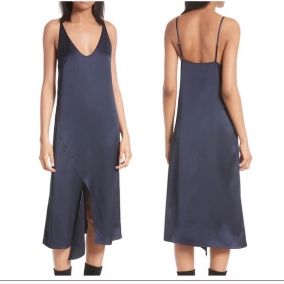 navy blue satin slip dress